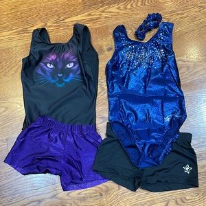 Lot of gymnastics leotards and shorts. Destira girls size M